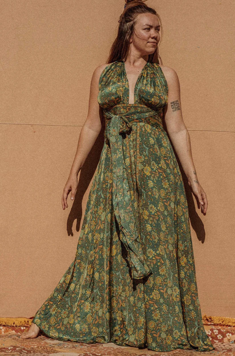 Hippie Bohemian Wide Leg Multi Way Silk Jumpsuit, XXS-5X