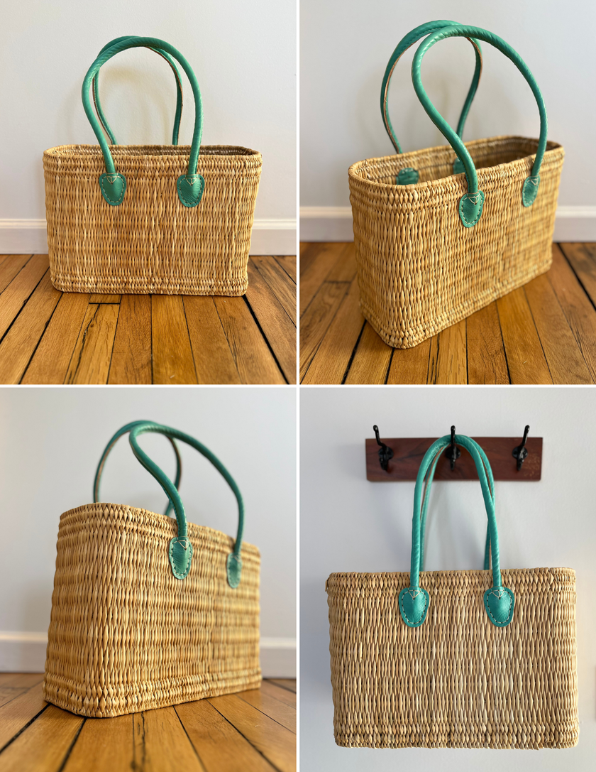 Water Reed Tote with Teal Handles