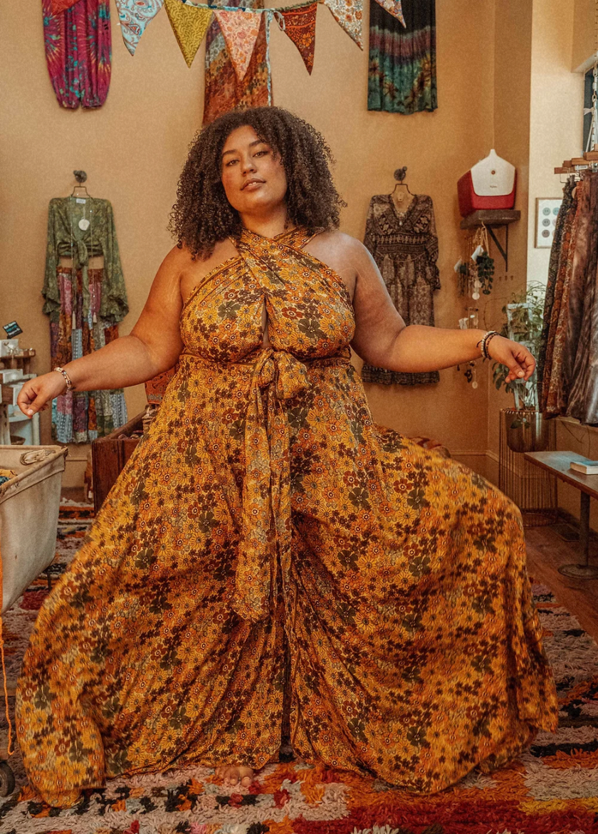 Hippie Bohemian Wide Leg Multi Way Silk Jumpsuit, XXS-5X