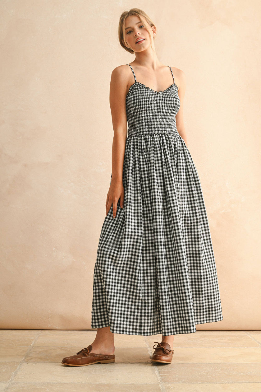 GINGHAM PRINT LONG DRESS