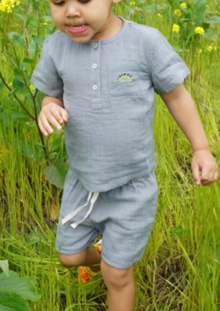Cayden | Organic Muslin Petit Dino Set | Fog