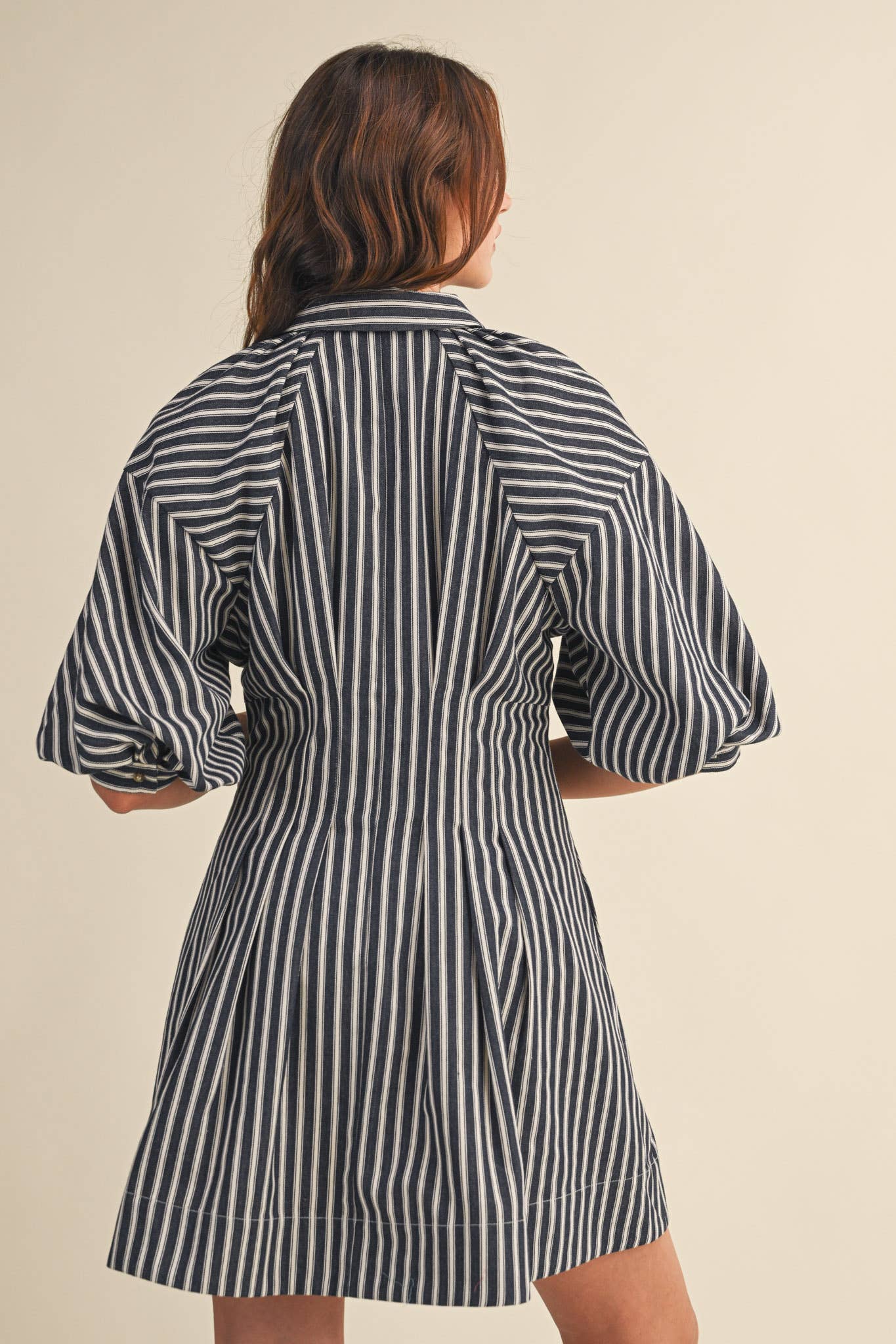 STRIPED DENIM BUBBLE SLEEVE MINI DRESS MDR4216