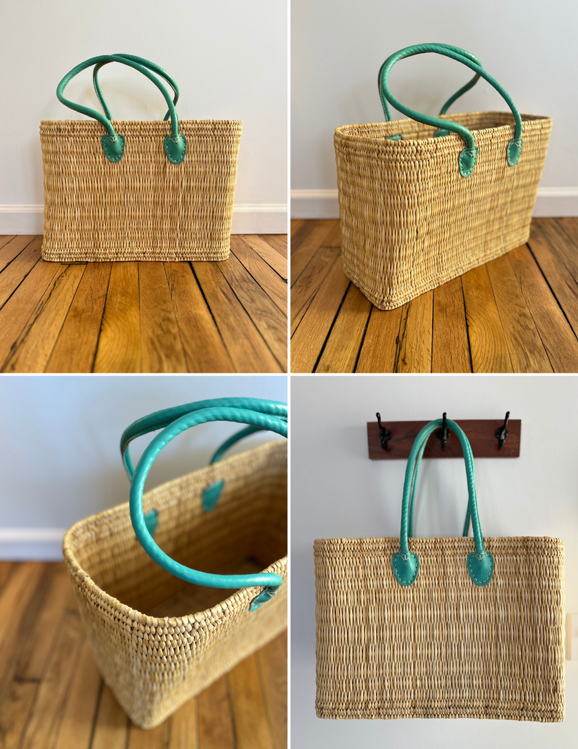 Water Reed Tote with Teal Handles