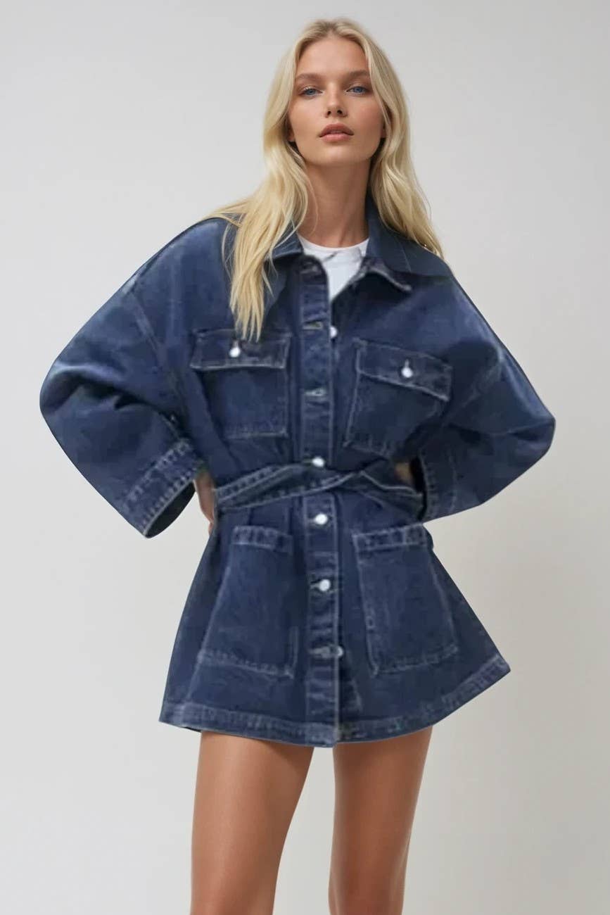 OVERSIZED DENIM JACKET WITH WAIST SASH