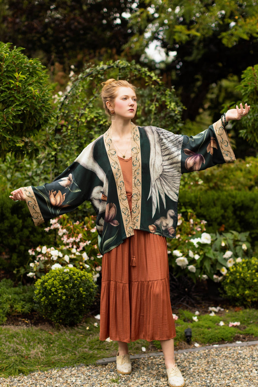 Under My Wing Pixie Crop Kimono w/ Swan & feathers