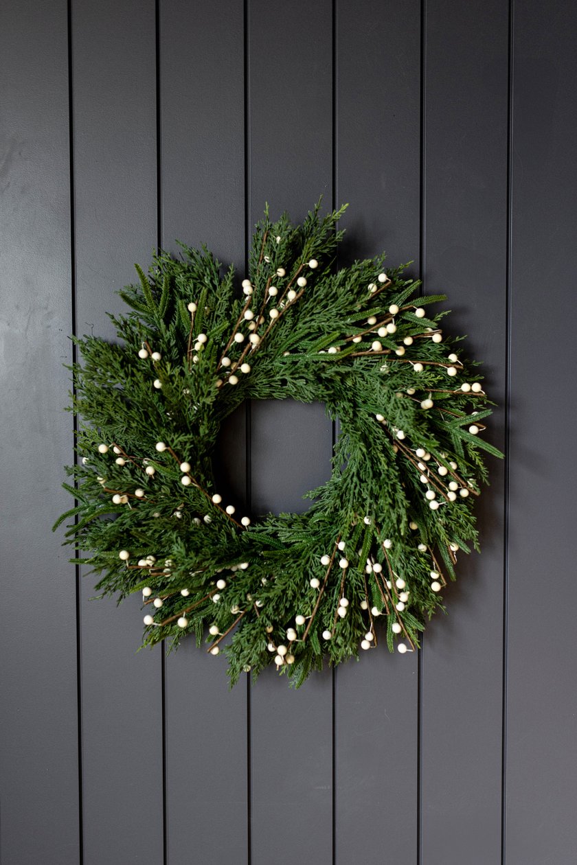 White Plum Berry Norfolk Cypress Real Touch Wreath - 24