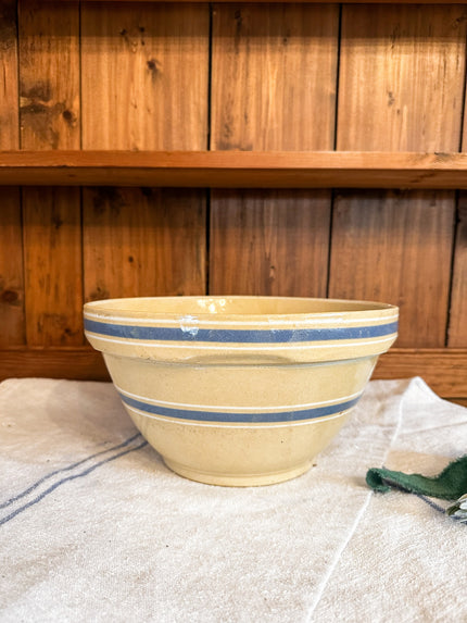 Vintage Yellow Ware with Blue and White Stripes, Marked Ovenware 10