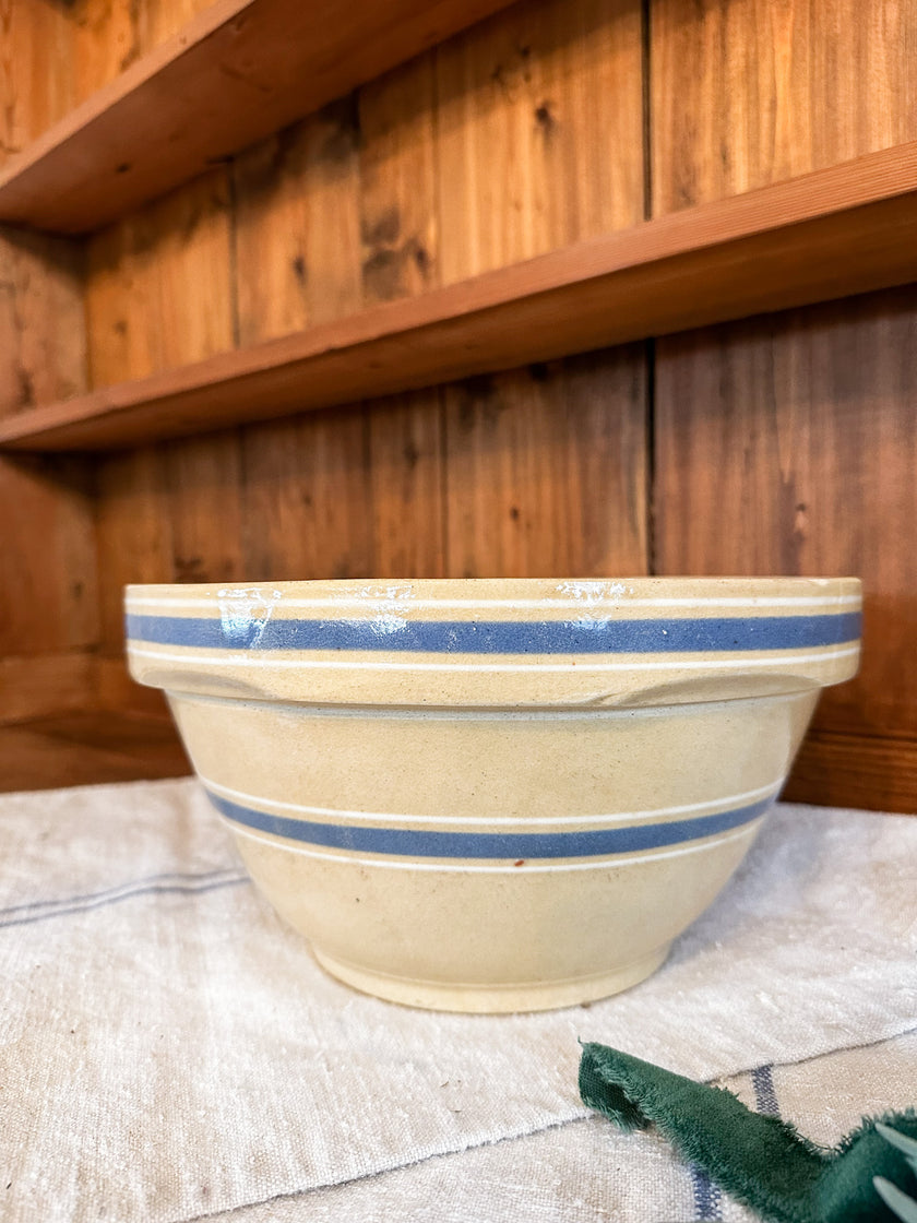 Vintage Yellow Ware with Blue and White Stripes, Marked Ovenware 10