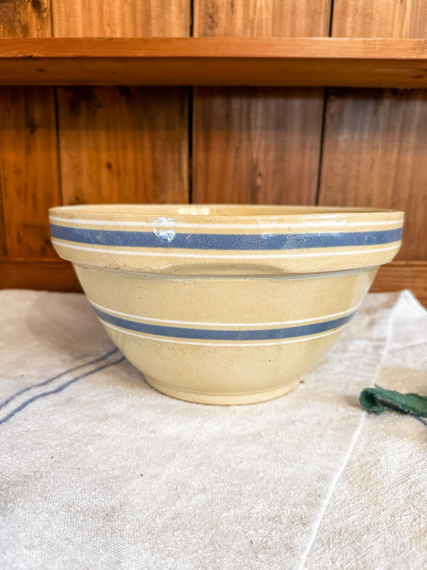 Vintage Yellow Ware with Blue and White Stripes, Marked Ovenware 10