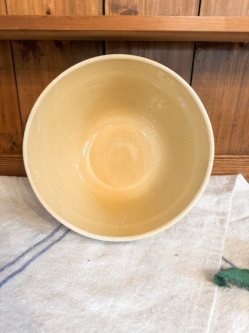 Vintage Yellow Ware with Blue and White Stripes, Marked Ovenware 10