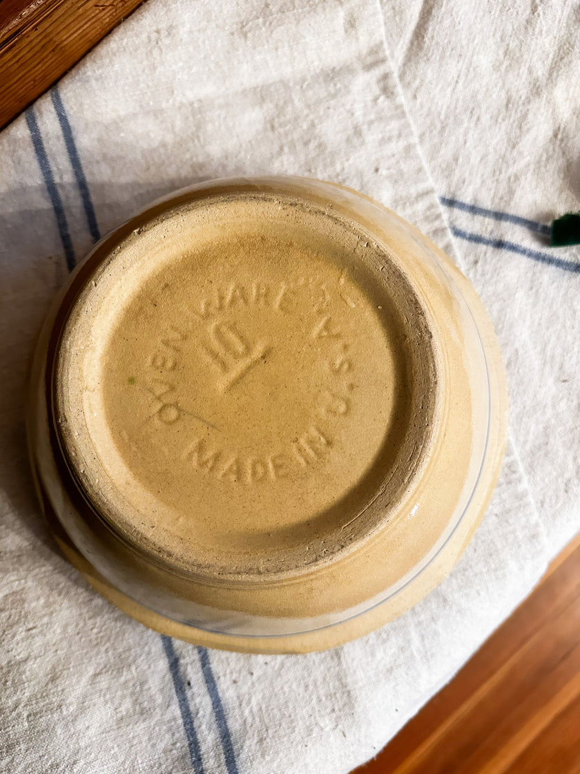 Vintage Yellow Ware with Blue and White Stripes, Marked Ovenware 10