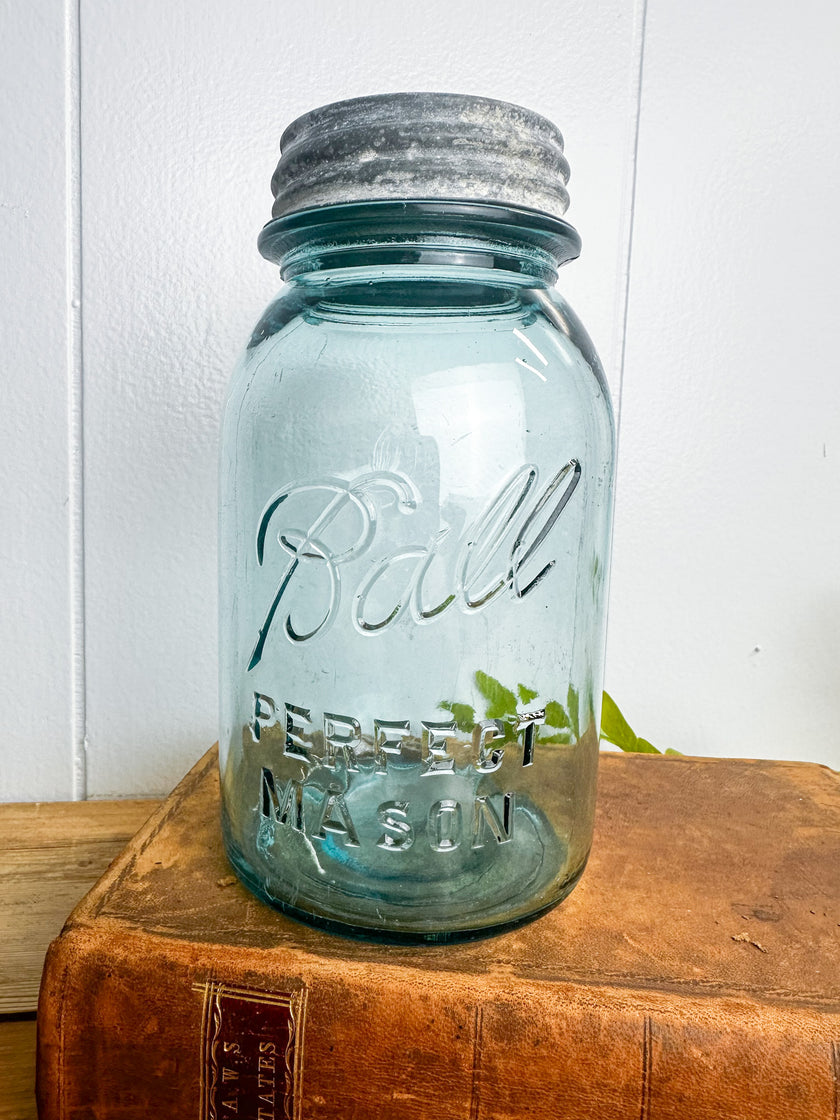 Authentic Vintage Blue Ball Perfect Mason Jar Quart Size Circa 1923-1933