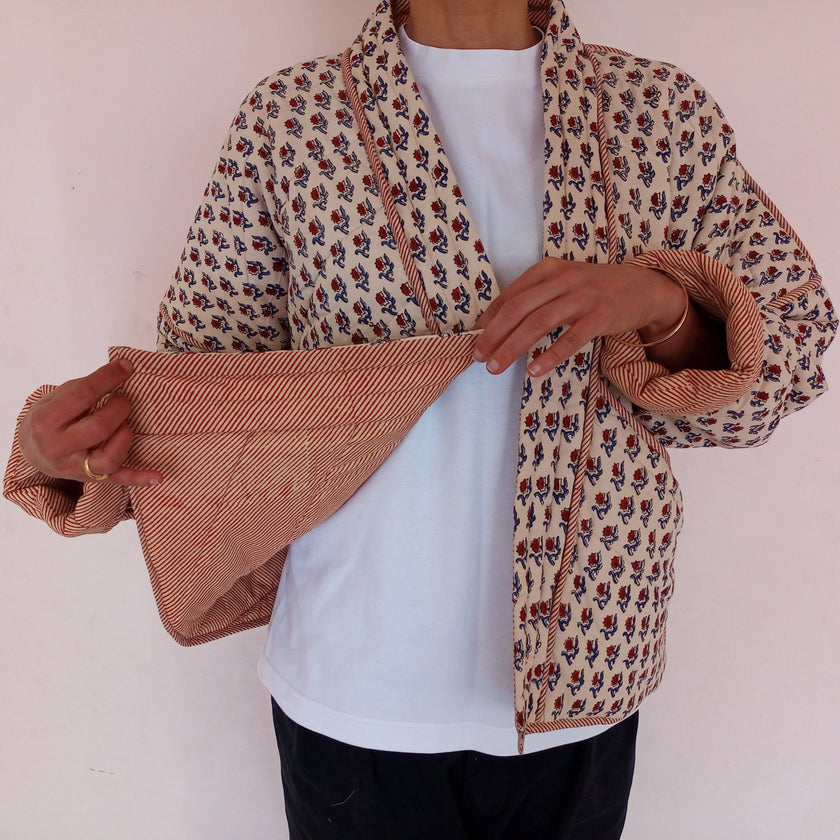 Kimono Jacket Block Print Reversible Quilted Floral Cotton