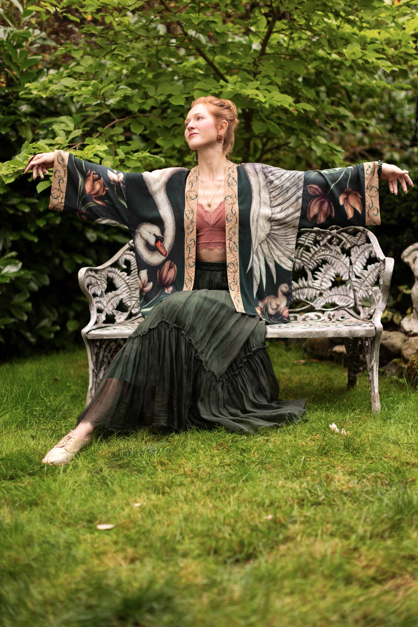 Under My Wing Pixie Crop Kimono w/ Swan & feathers