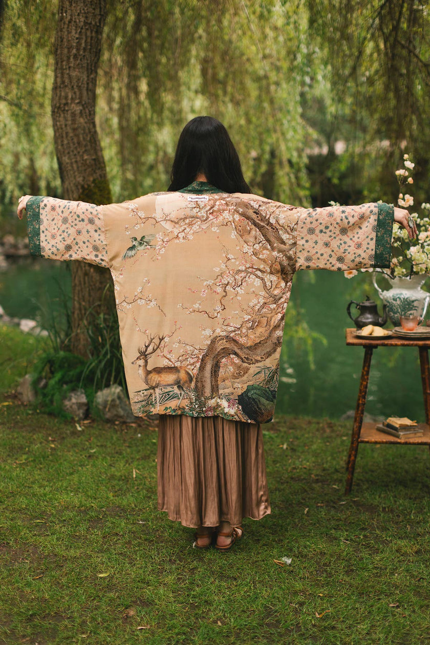 Fable Matinée Duster Kimono w/ Deer and Moon, mid-length
