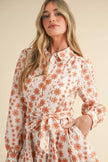 FLORAL EMBROIDERY BUTTON DOWN FLARED MINI DRESS