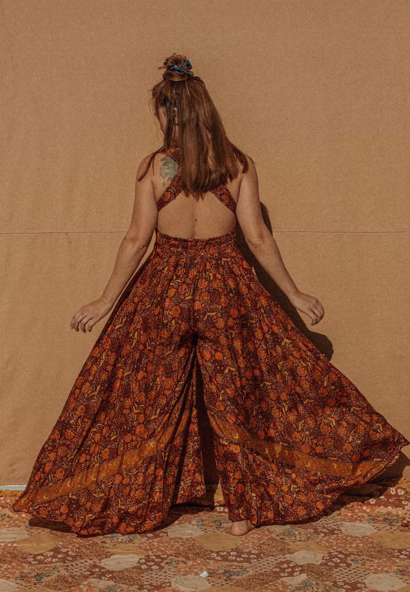 Hippie Bohemian Wide Leg Multi Way Silk Jumpsuit, XXS-5X