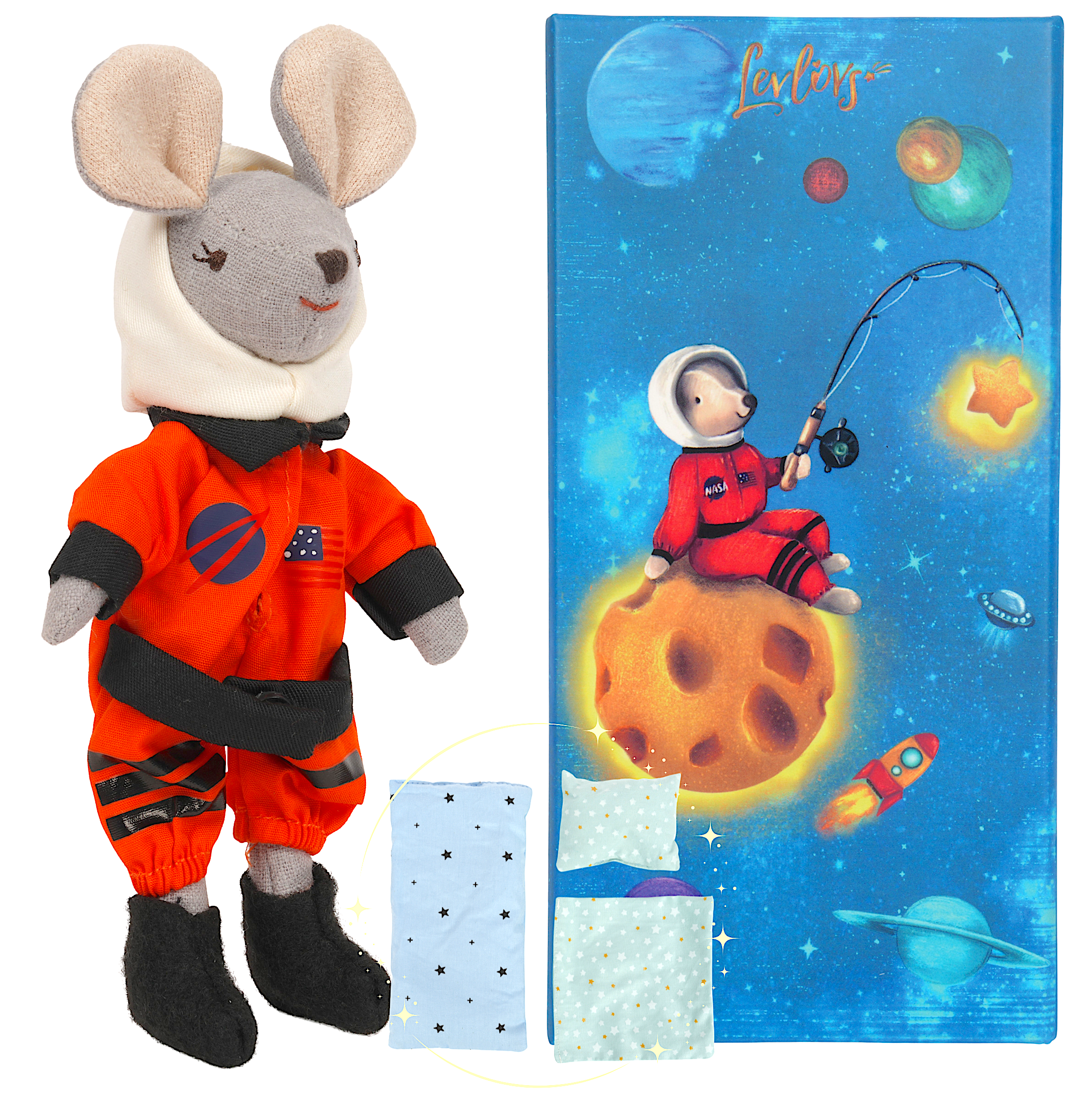 LEVLOVS Astronaut Mouse in a Box with the bedding Orange