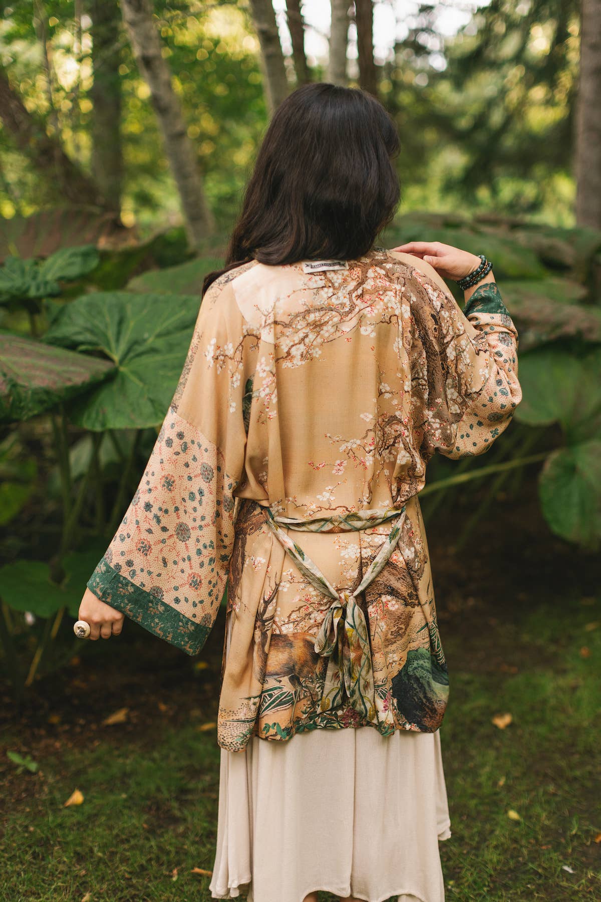 Fable Matinée Duster Kimono w/ Deer and Moon, mid-length