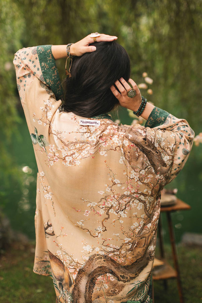 Fable Matinée Duster Kimono w/ Deer and Moon, mid-length