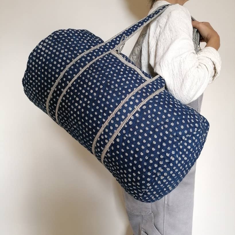 BIG Quilted Weekend Travel Shoulder Bag - Block Print Blue
