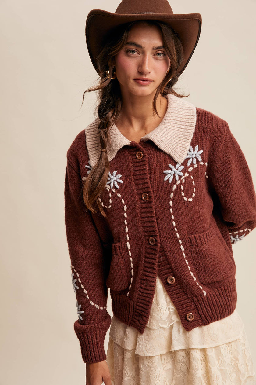 Embroidered Collar Knit Cardigan