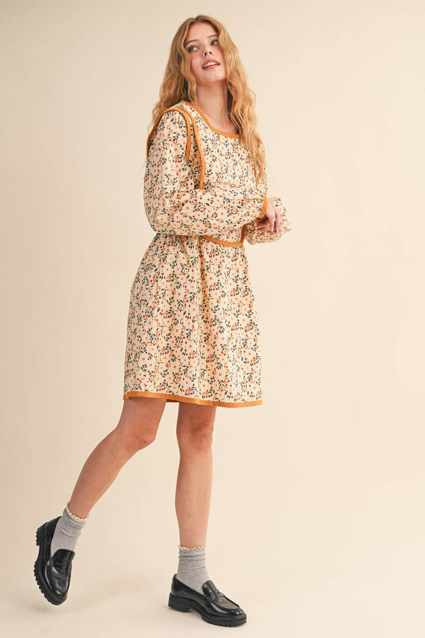 QUILTED FLORAL CONTRAST BINDING MINI DRESS