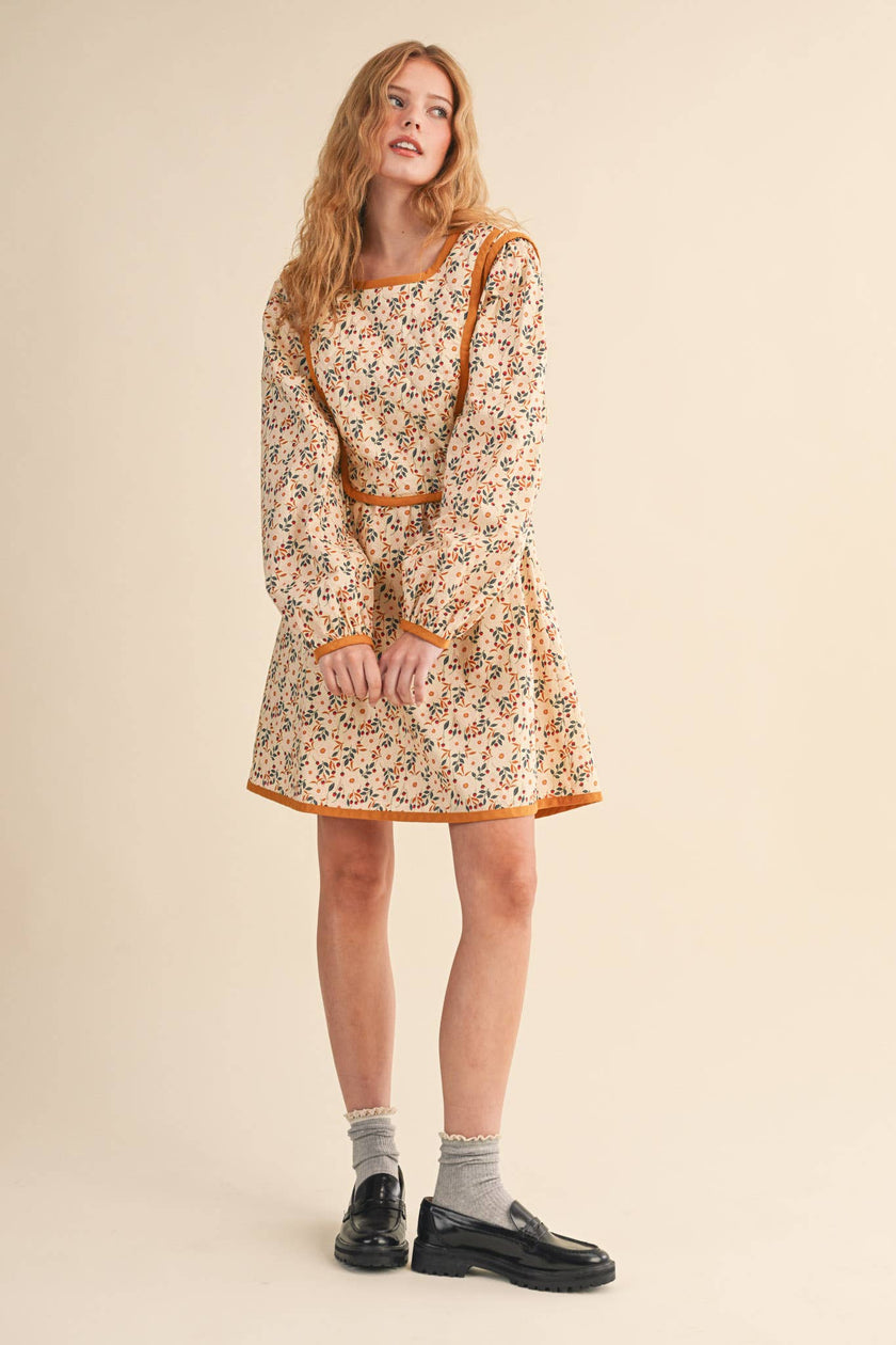QUILTED FLORAL CONTRAST BINDING MINI DRESS
