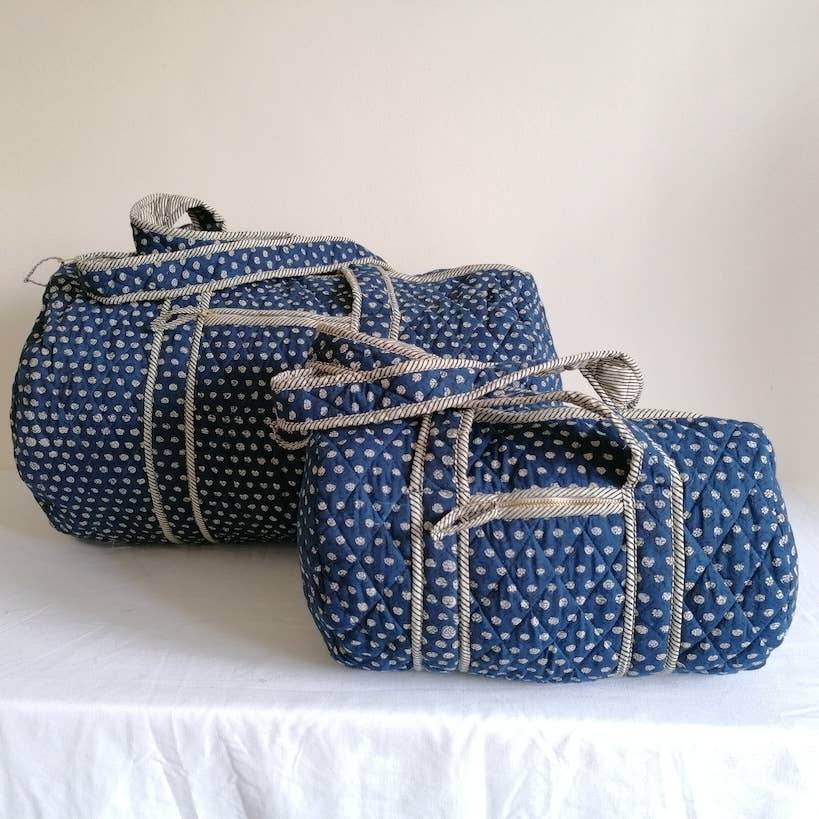 BIG Quilted Weekend Travel Shoulder Bag - Block Print Blue