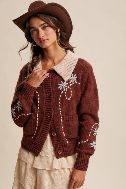 Embroidered Collar Knit Cardigan