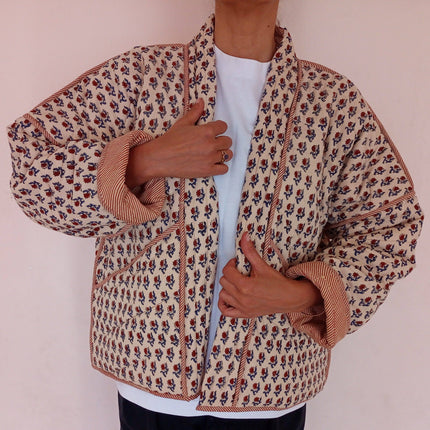 Kimono Jacket Block Print Reversible Quilted Floral Cotton