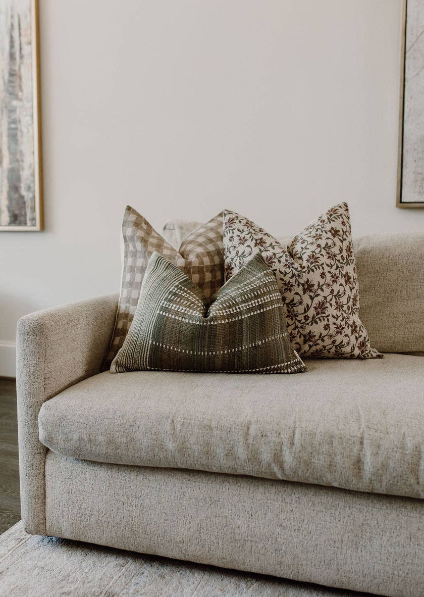 Indian Block Linen Beige and Camel Brown Pillow Cover: 20 in X 20 in