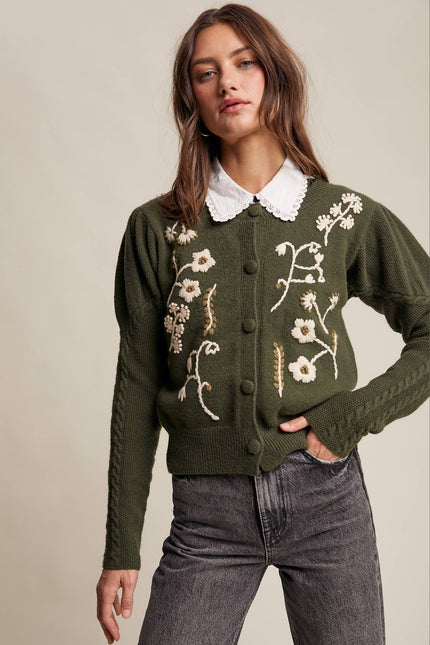 Floral Embroidered Puff Sleeve Cardigan