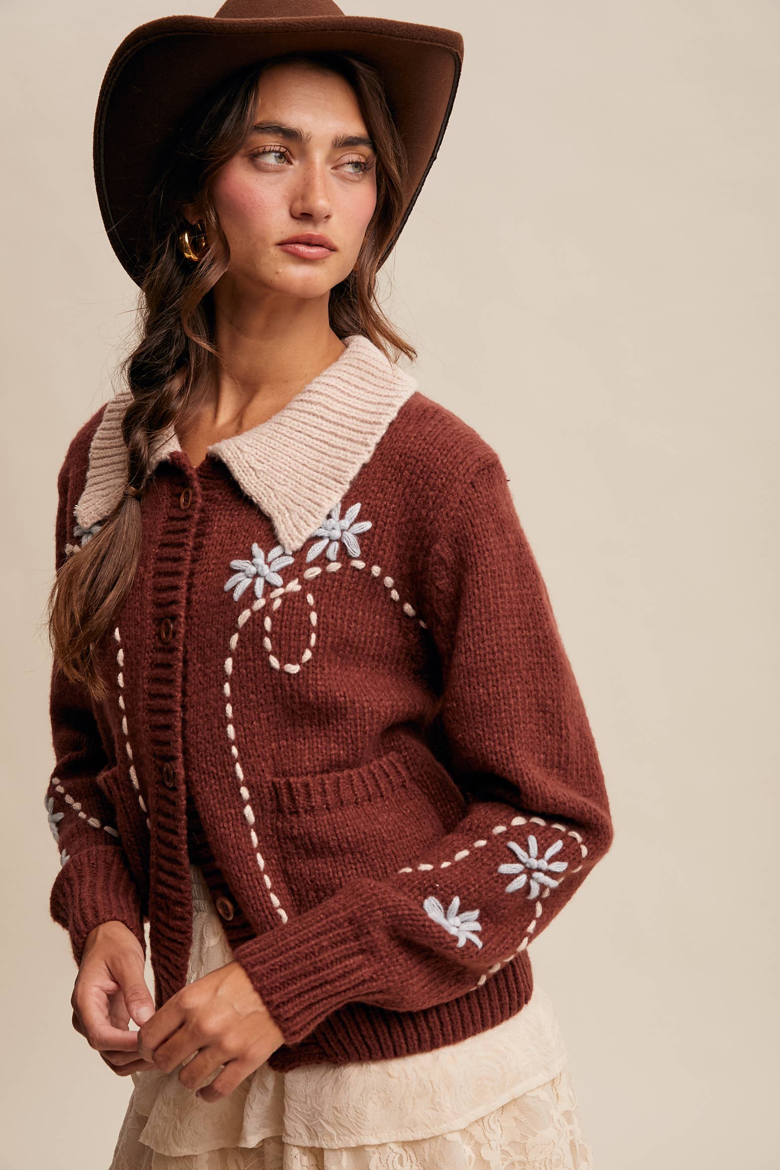 Embroidered Collar Knit Cardigan