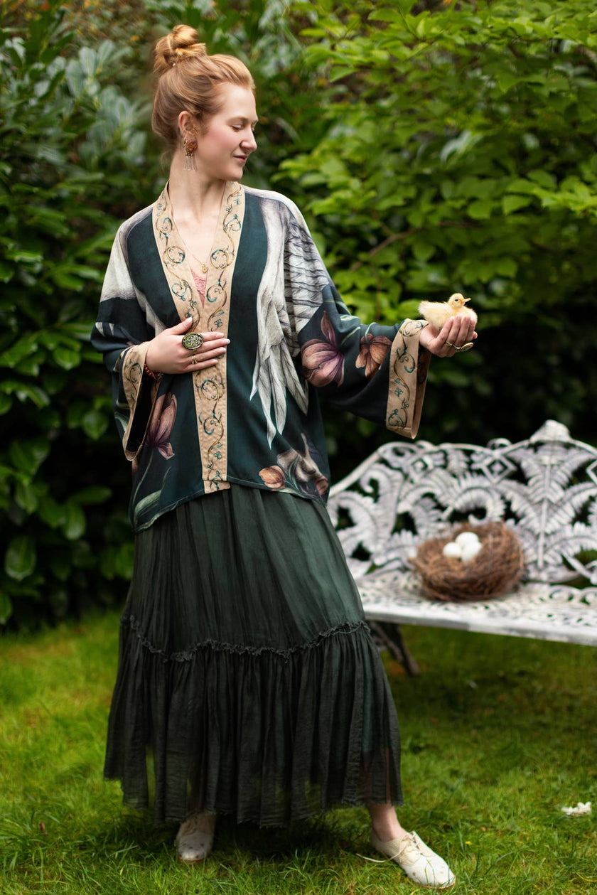 Under My Wing Pixie Crop Kimono w/ Swan & feathers