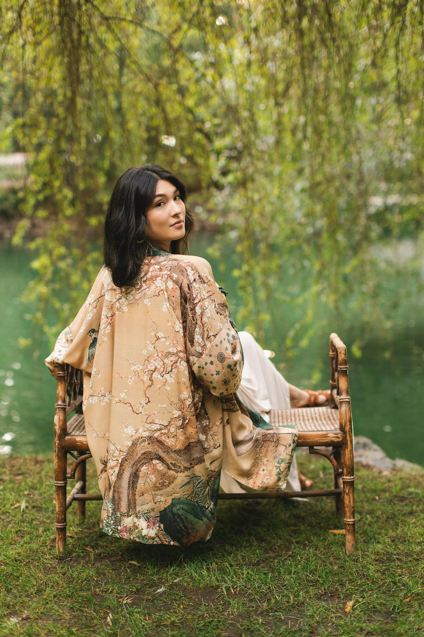 Fable Matinée Duster Kimono w/ Deer and Moon, mid-length