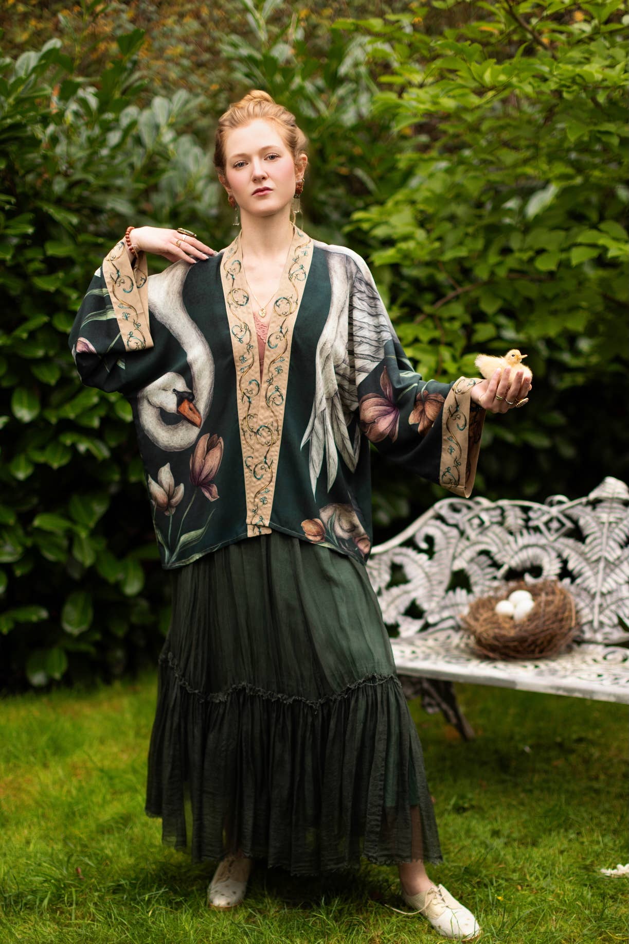 Under My Wing Pixie Crop Kimono w/ Swan & feathers