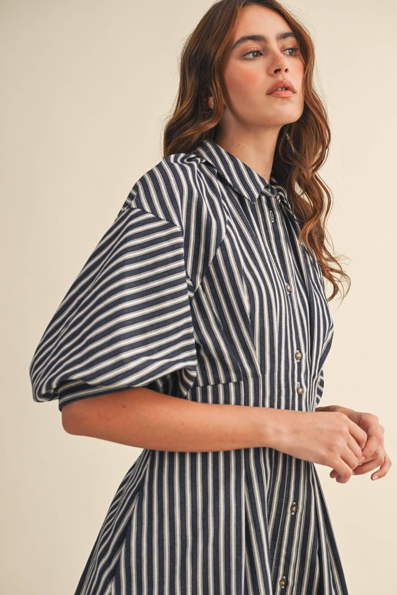 STRIPED DENIM BUBBLE SLEEVE MINI DRESS MDR4216
