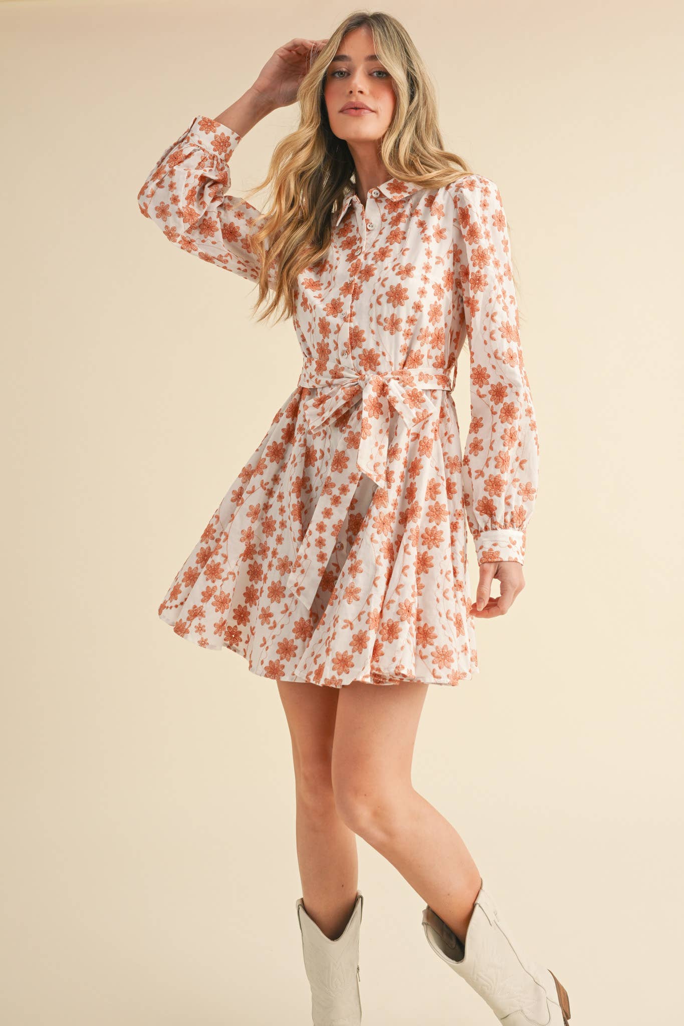 FLORAL EMBROIDERY BUTTON DOWN FLARED MINI DRESS