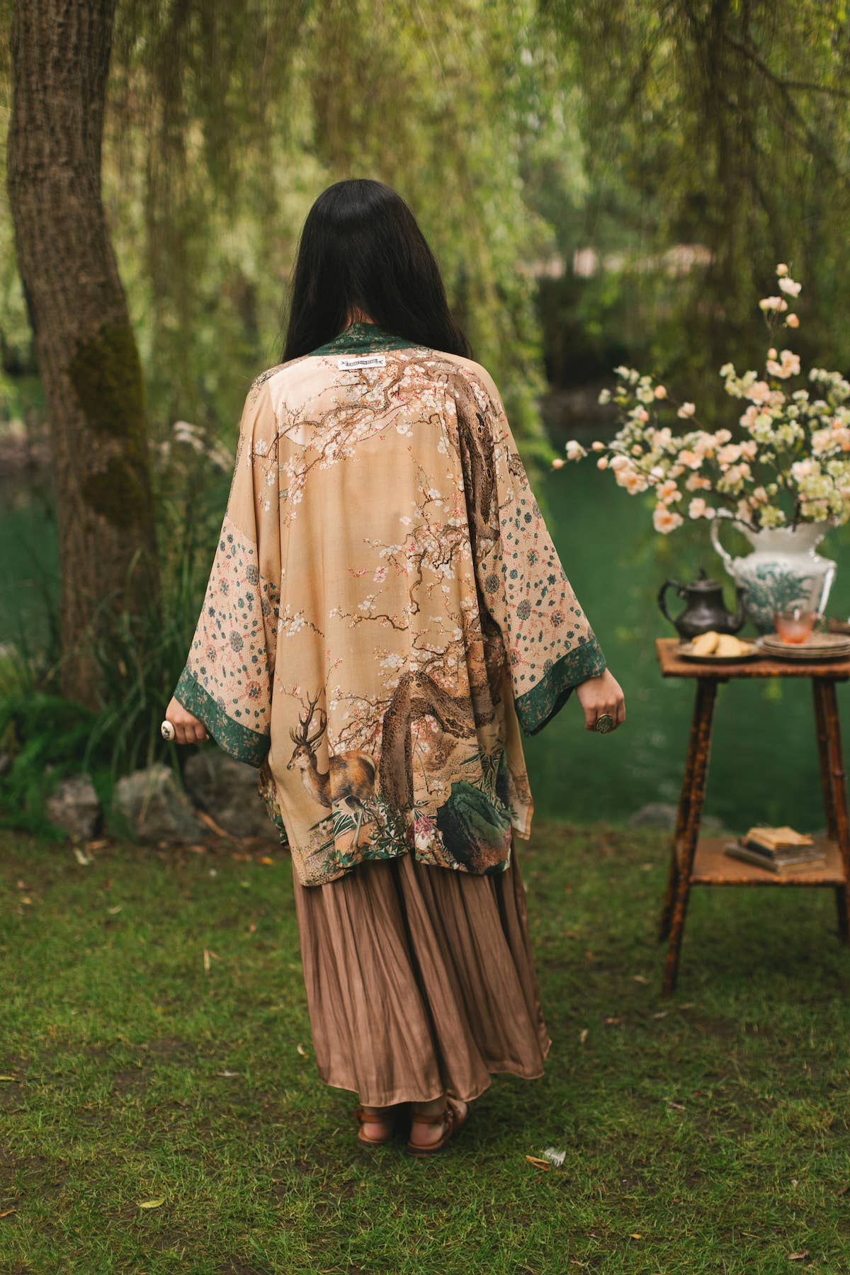 Fable Matinée Duster Kimono w/ Deer and Moon, mid-length