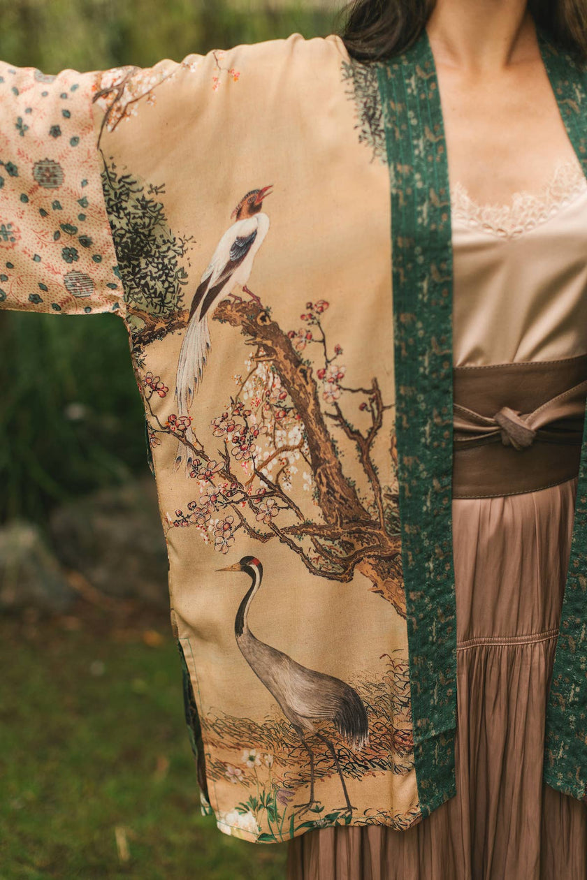 Fable Matinée Duster Kimono w/ Deer and Moon, mid-length