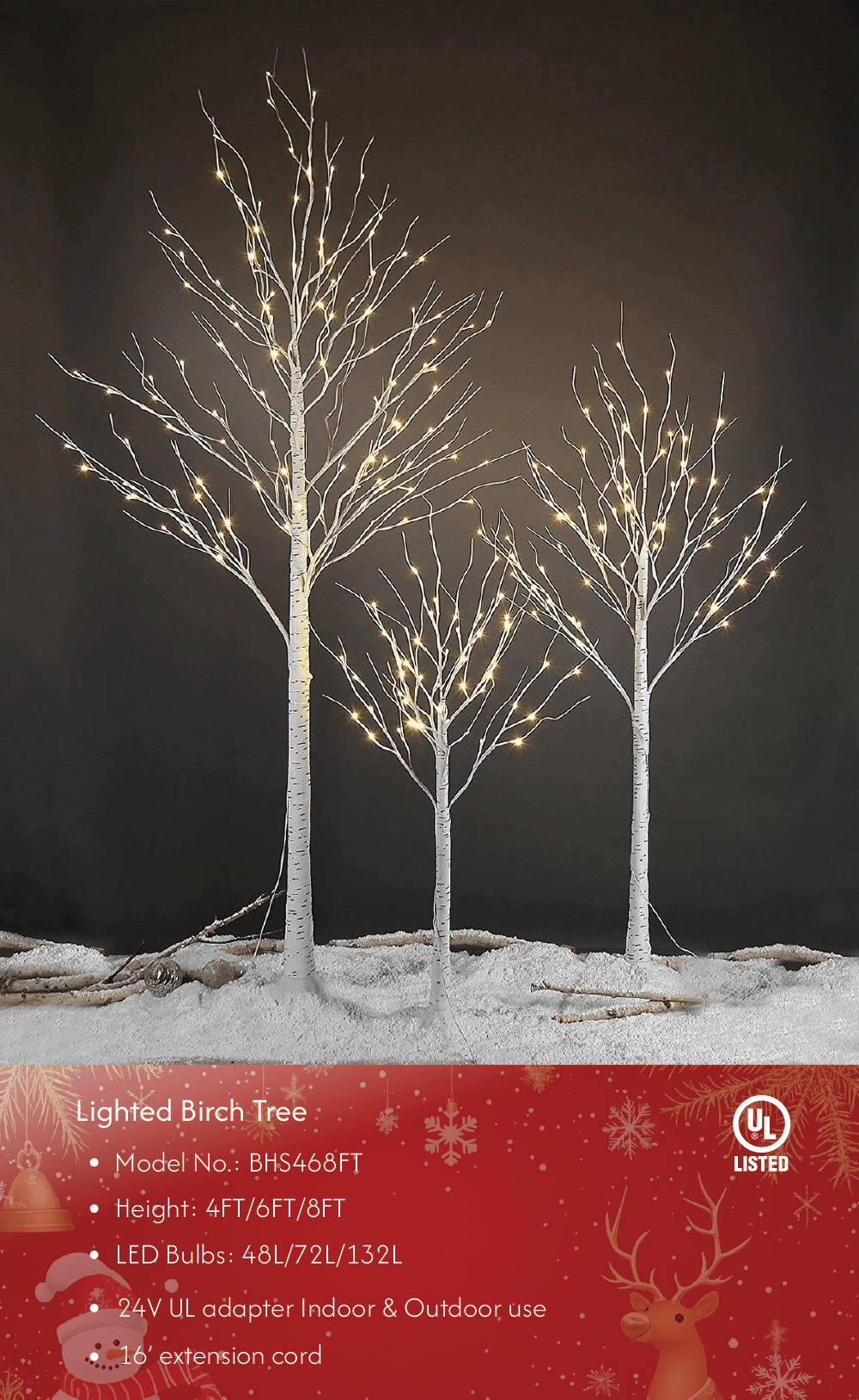 Birch Tree Lights Set of 3 for Christmas Decor, Weddings, and Gif
