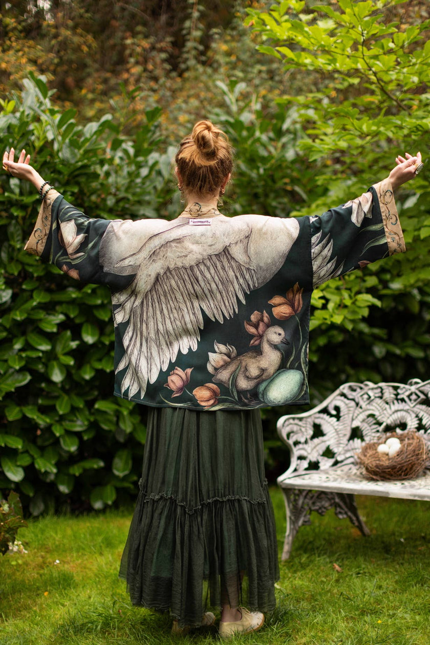 Under My Wing Pixie Crop Kimono w/ Swan & feathers