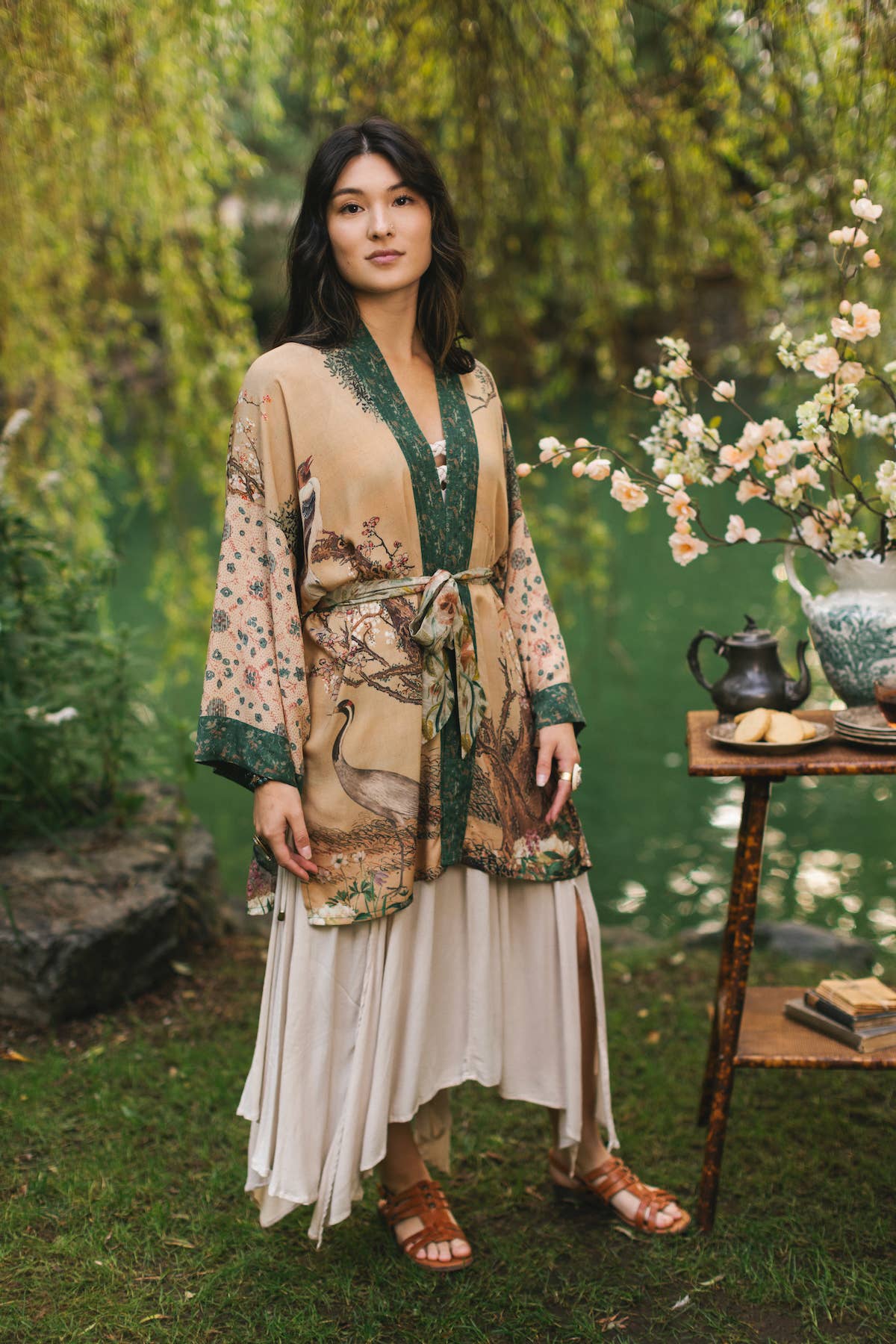 Fable Matinée Duster Kimono w/ Deer and Moon, mid-length