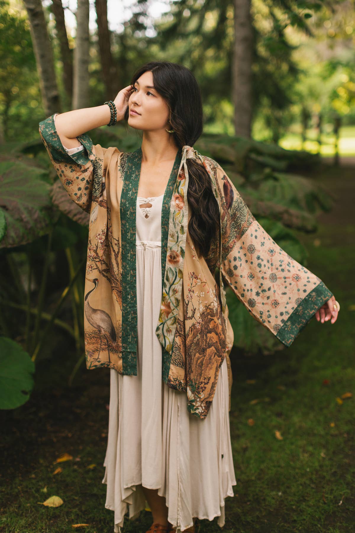 Fable Matinée Duster Kimono w/ Deer and Moon, mid-length