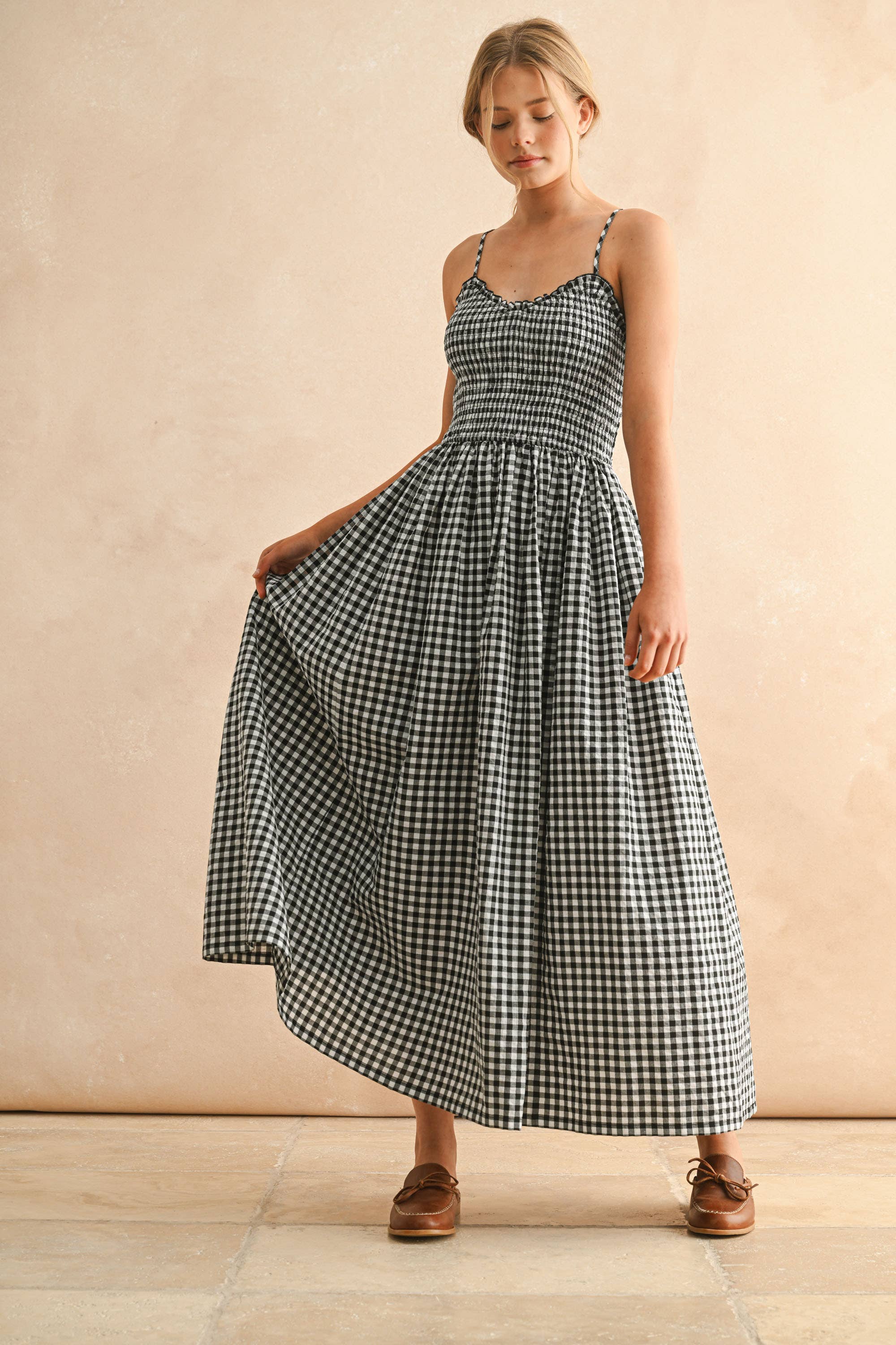 GINGHAM PRINT LONG DRESS
