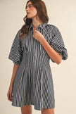 STRIPED DENIM BUBBLE SLEEVE MINI DRESS MDR4216