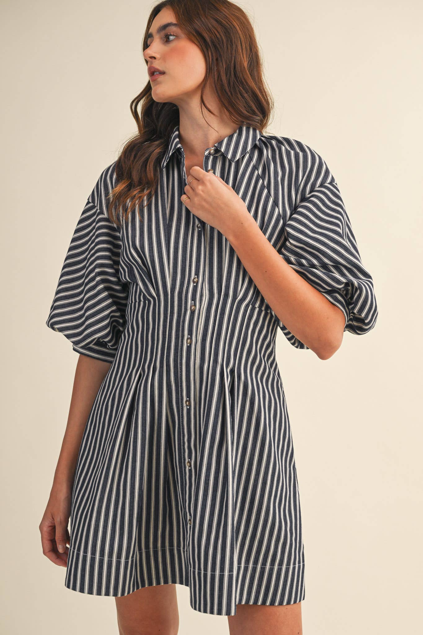 STRIPED DENIM BUBBLE SLEEVE MINI DRESS MDR4216