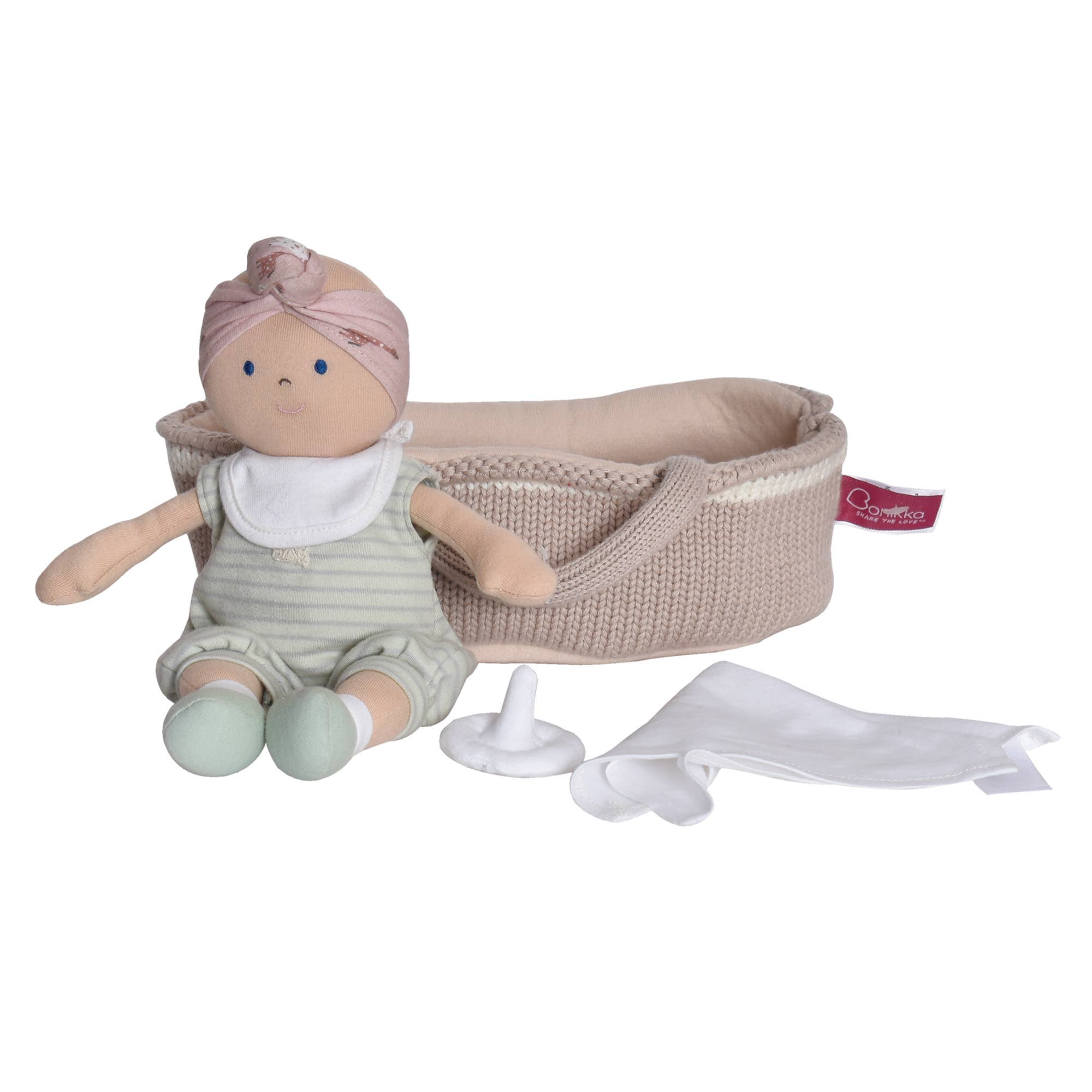 Knitted Carry Cot w/Remi Baby Light Skin, Soother & Blanket